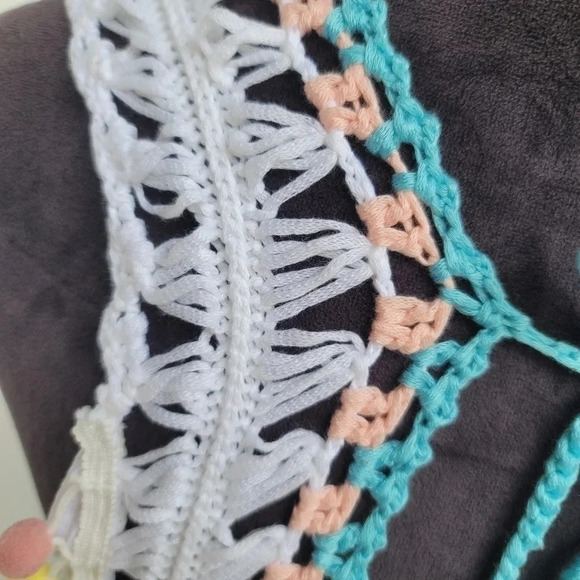 Cupshe Swim Coverup Dress One Size Boho Crochet Pom Pom Fringe Tassel White Blue - Picture 5 of 13